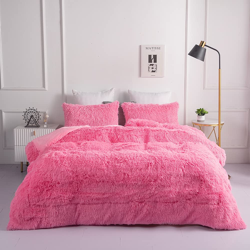 Chovy Faux Fur Plush Pink Comforter Sets Full/Queen - Ultra Soft Shaggy Flannel Velvet Fluffy Fuzzy 3Pc Bedding Sets (Comforter